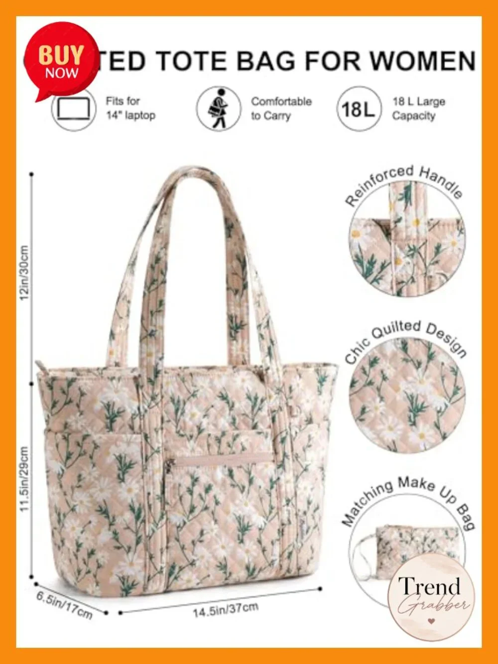 Quilted Cotton Tote Bag with Zipper Cup Holder Laptop Compartment